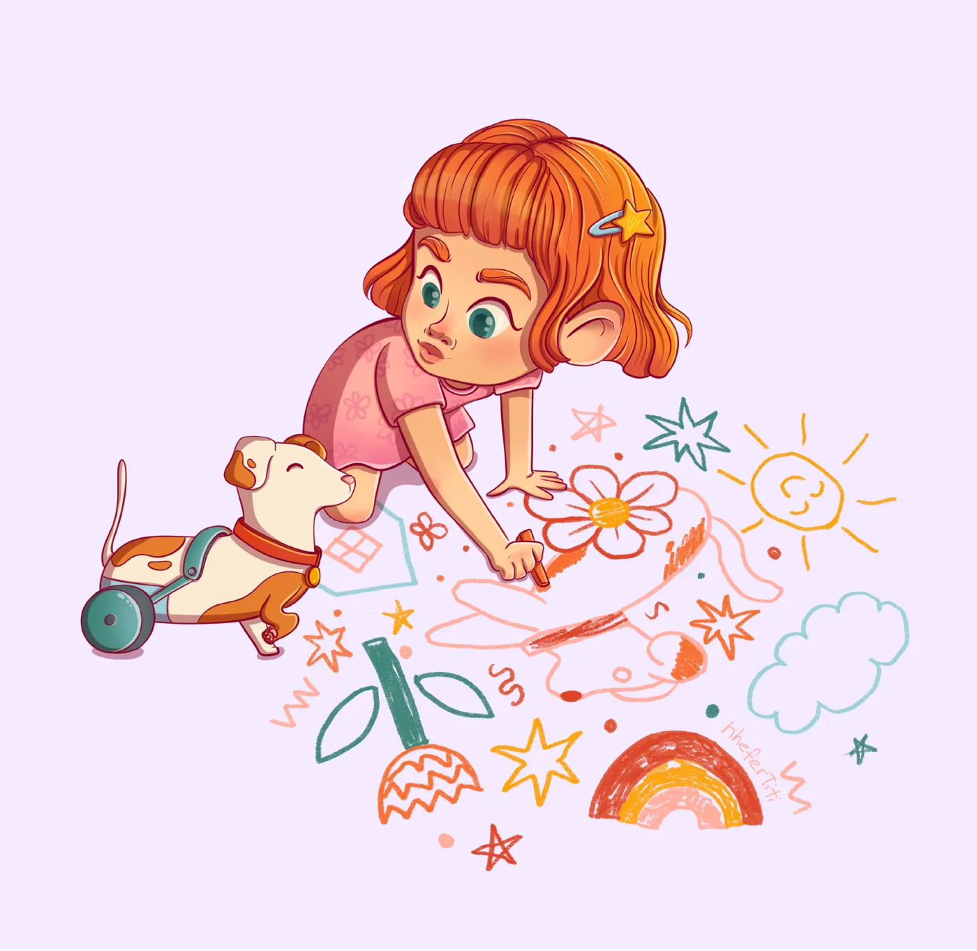 Girl drawing on the floor with her dog — illustration by Lizy Del Busto